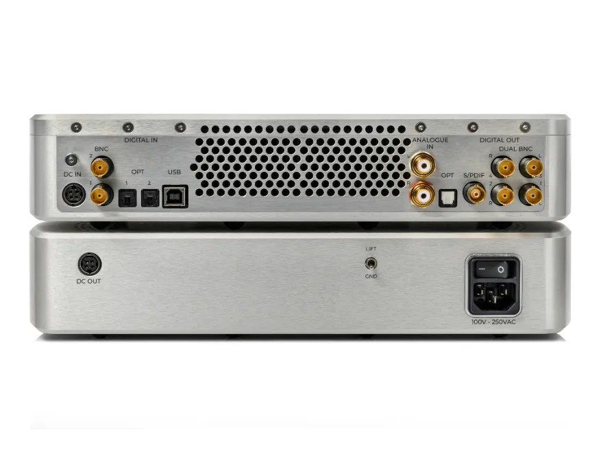 Rear of the silver Quartet: BNC and optical digital inputs, USB-B, RCA analogue inputs, optical, S/PDIF and dual BNC outputs; below, the power supply with its DC out, ground lift and mains inlet.