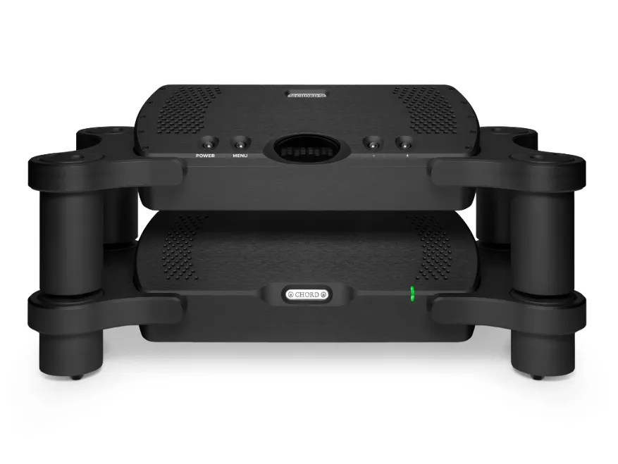 The Quartet in black, mounted in a Choral Ensemble stand (sold separately), the upscaler above and the power supply below on the stand's cylindrical black legs.