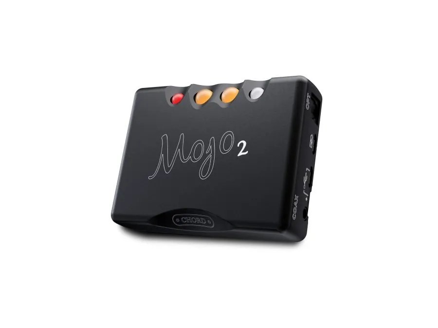 The Mojo 2 from the other side, showing the COAX, USB and OUT connections along its input edge