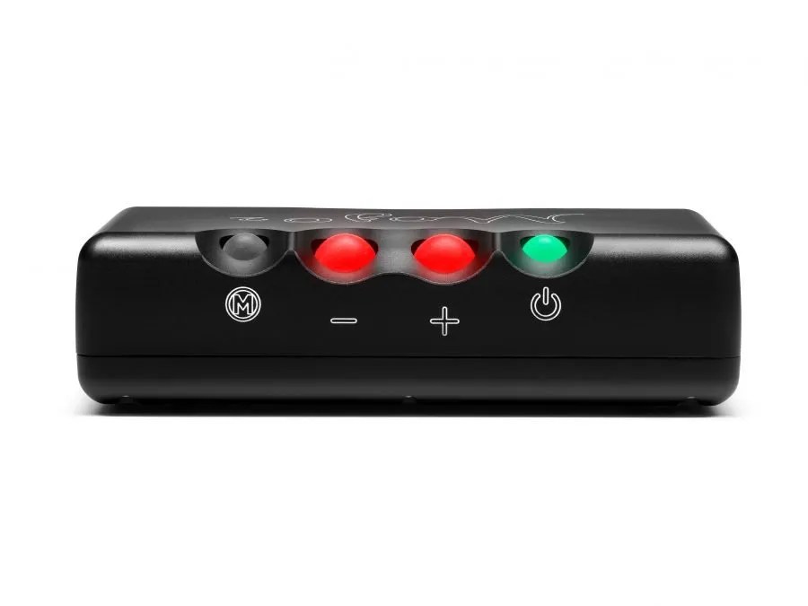 The control edge of the Mojo 2 head-on: the menu sphere, the red minus and plus volume spheres and the green power sphere