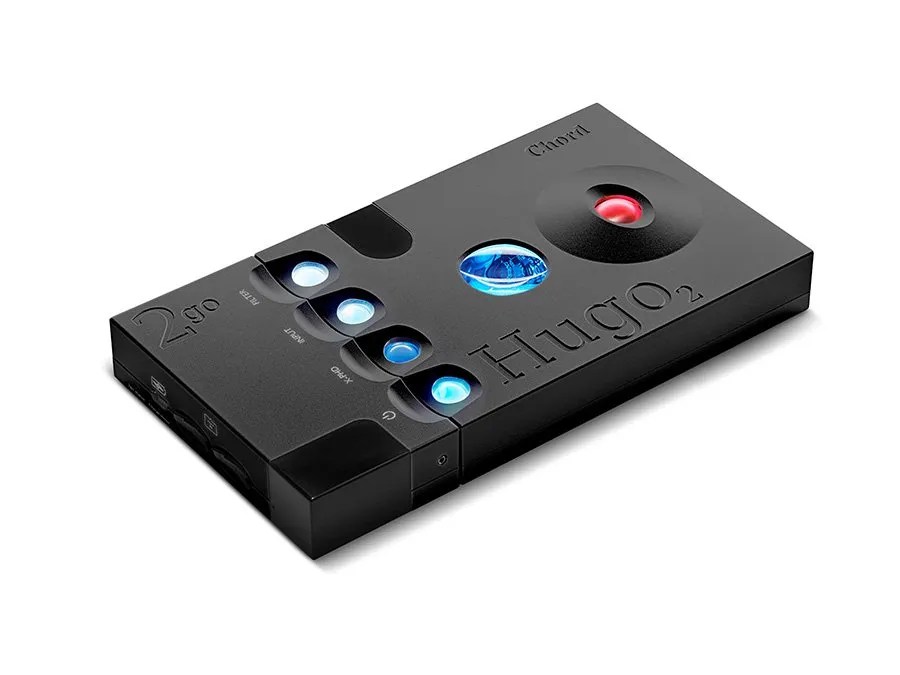 The black 2go docked to a black Hugo 2 in three-quarter view, the Hugo 2's spheres lit blue and red beside the 2go's own controls