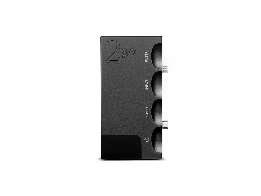 The black 2go module on its own, showing the engraved 2go name, the FILTER, INPUT, X-PHD and power recesses and the connector pins that mate with the Hugo 2