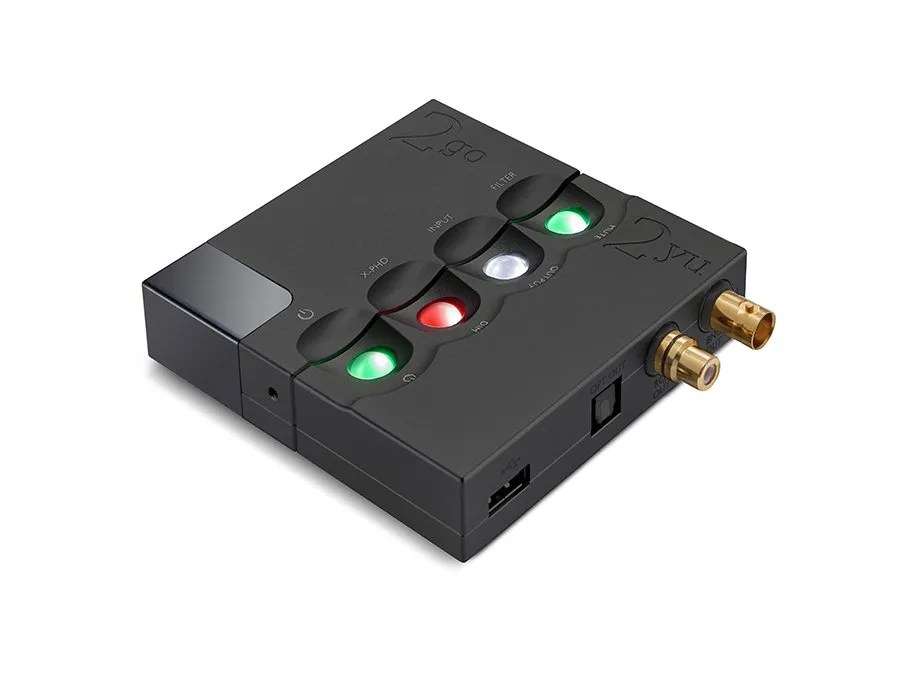 The black 2yu joined to the black 2go: the lit control spheres of both modules, with the gold BNC and RCA outputs on the 2yu