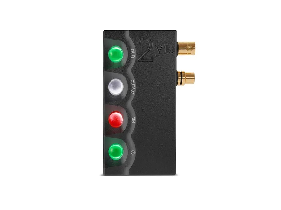 The black 2yu on its own: the MUTE, OUTPUT, DIM and power spheres beside the engraved 2yu name, with the gold BNC and RCA outputs