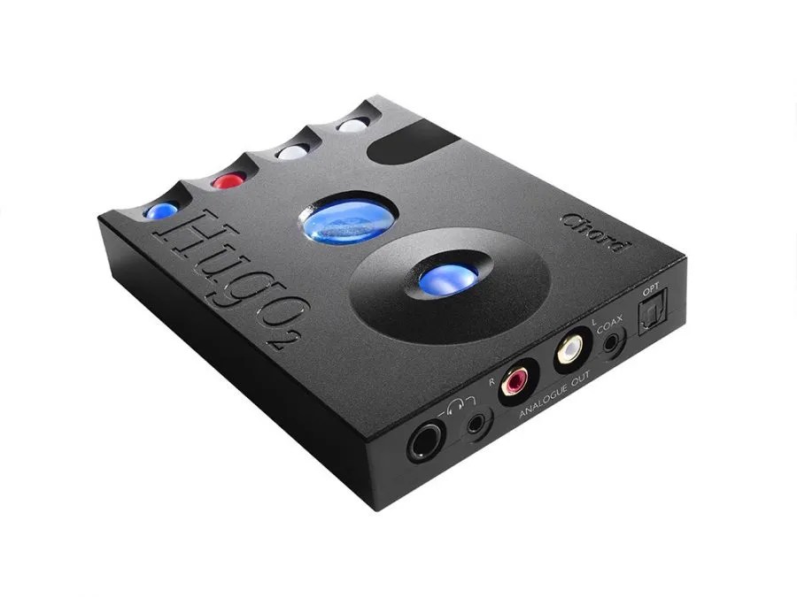 The black Hugo 2 in three-quarter view: the four lit control spheres, the sample-rate window, the volume ball and the analogue outputs along the near edge
