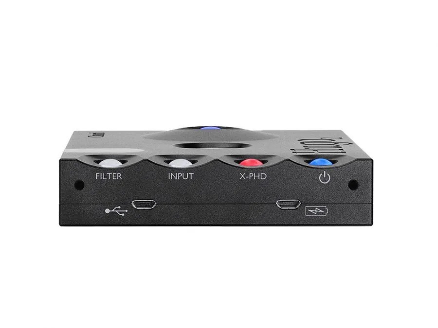 The control edge of the black Hugo 2: the FILTER, INPUT, X-PHD and power spheres above the two micro-USB ports