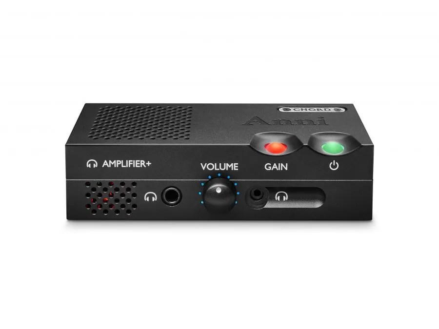 Front of the black Anni with the volume control lit blue: the AMPLIFIER+ 3.5 mm and 6.35 mm headphone outputs, the red GAIN sphere and the green power sphere