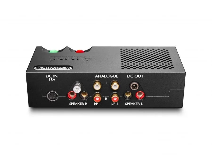 Rear of the Anni: 15 V DC inlet, left and right loudspeaker binding posts, two analogue RCA line inputs and a DC output