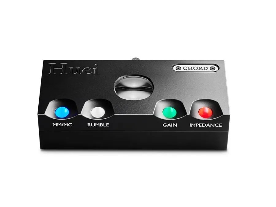 Front of the black Huei: the four illuminated control spheres MM/MC, RUMBLE, GAIN and IMPEDANCE, the engraved Huei name and the viewing window in the top panel