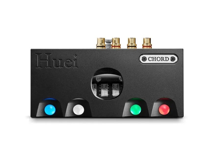 The Huei from directly above: the top-mounted window onto the electronics inside, the four control spheres and the gold RCA connections along the rear edge
