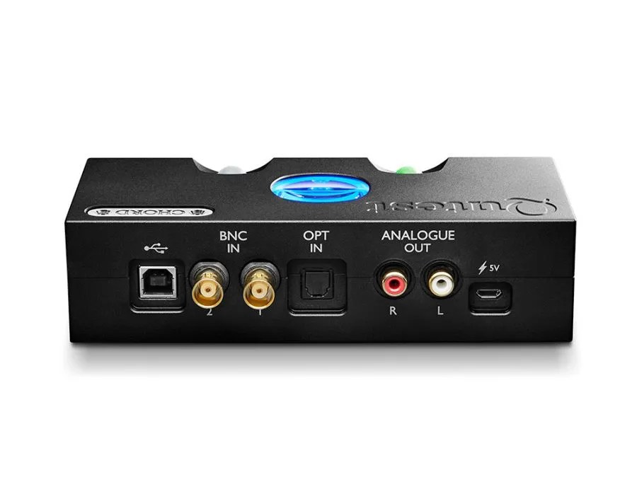 Rear of the Qutest: galvanically isolated USB-B, two BNC coax inputs, optical input, RCA analogue outputs for right and left, and the 5 V micro-USB power inlet
