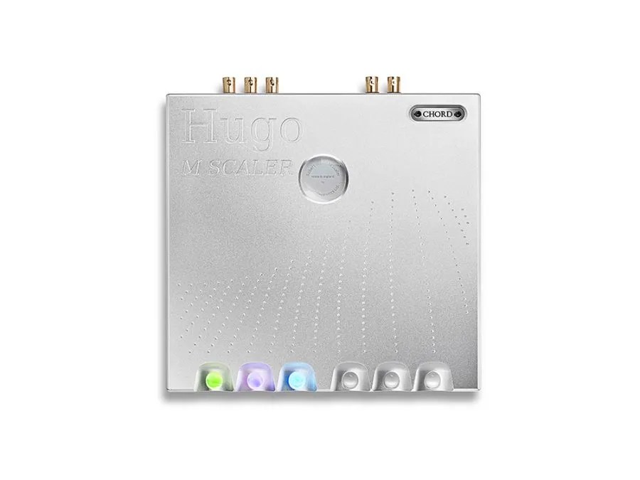 The silver Hugo M Scaler from above: the engraved Hugo M SCALER name, the CHORD badge, five gold BNC sockets along the rear edge, and the VIDEO, INPUT and OP SR spheres lit green, lilac and blue