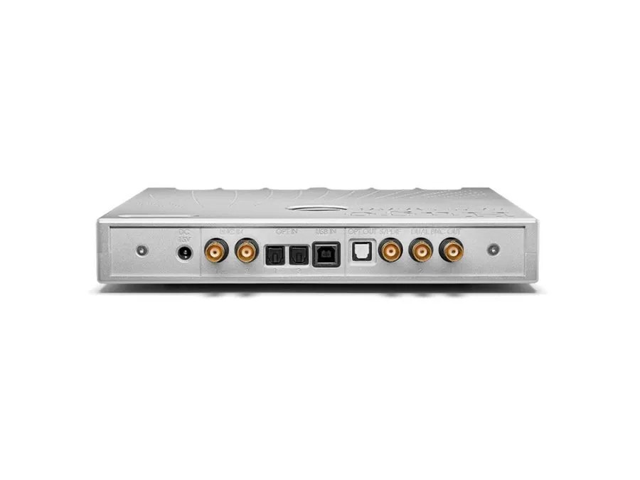 Rear of the silver Hugo M Scaler: the 15 V DC inlet, two BNC coax inputs, two optical inputs, the Type-B USB input, the optical output and three gold BNC outputs including the dual-BNC pair