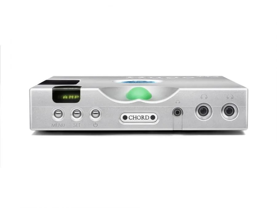 Front of the silver Hugo TT 2: the MENU, SET and power buttons, the green AMP display, the green volume sphere, and the 3.5 mm and two 6.35 mm headphone outputs