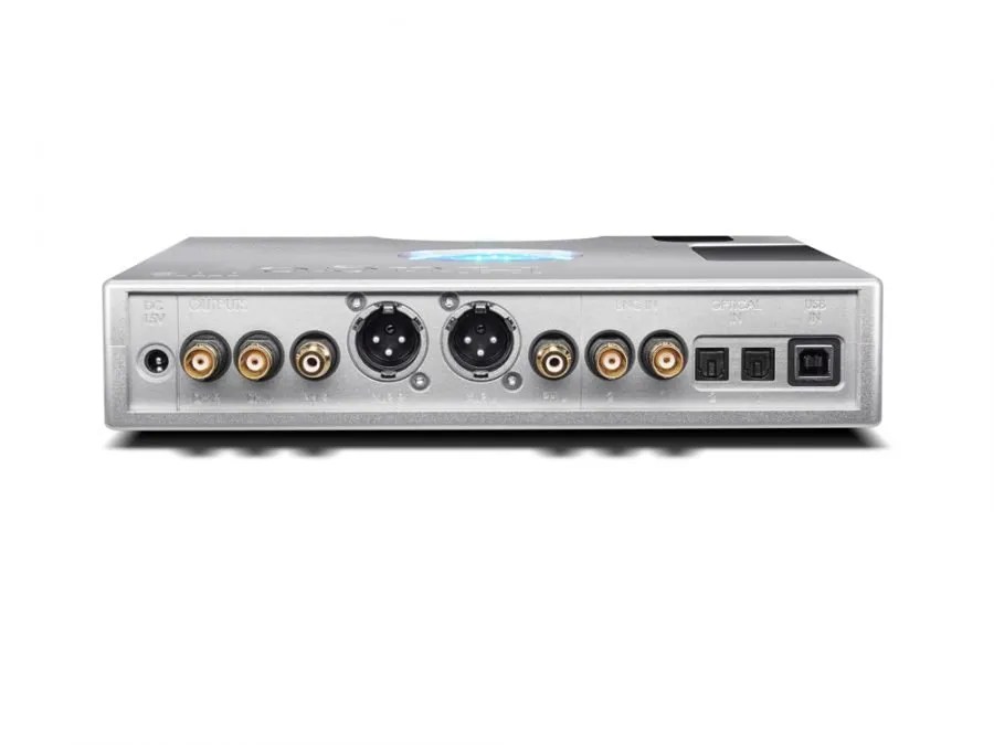 Rear of the silver Hugo TT 2: DC inlet, RCA outputs and inputs, a pair of balanced XLR outputs, BNC coax, two optical inputs and USB