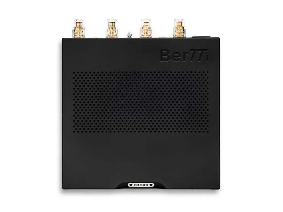 The black BerTTi from above: the engraved BerTTi name, the perforated vent panel, the CHORD badge and the four gold binding posts along the rear edge