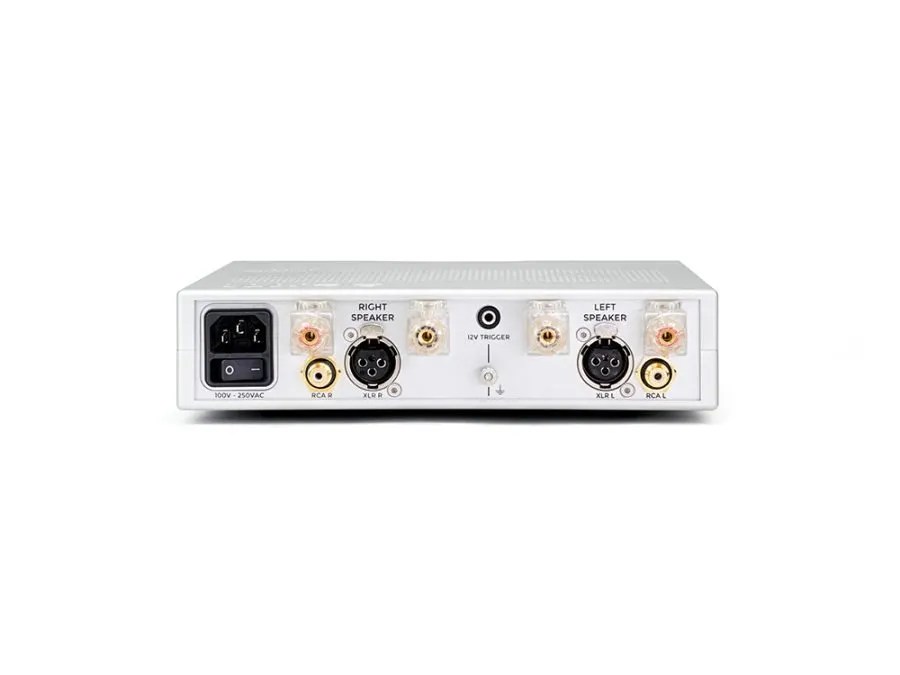 Rear of the BerTTi in silver: IEC inlet and mains switch, RCA and XLR inputs for right and left, the four loudspeaker binding posts and the 12 V trigger