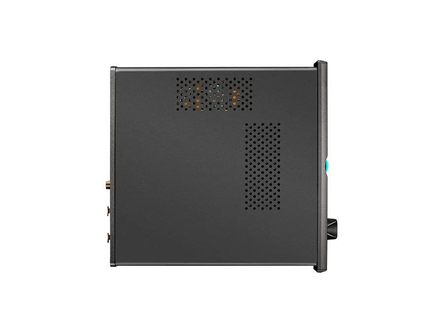 The Alto from above: two perforated vent panels in the black lid, the gold speaker and RCA terminals just visible along the rear edge, and the turquoise sphere glowing on the front panel