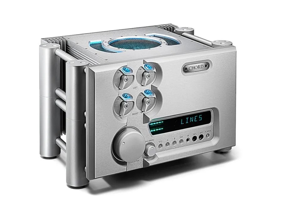 The silver ULTIMA PRE in three-quarter view: the four EQ controls, the green LINES display, the volume and balance knobs, the CHORD badge, the Integra leg pillars and the blue-lit top vent