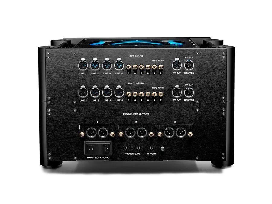 Rear of the black ULTIMA PRE: four balanced XLR and four RCA line inputs per channel with tape outputs, three preamplifier output banks in XLR and RCA, trigger outputs, IR control and IEC mains inlet