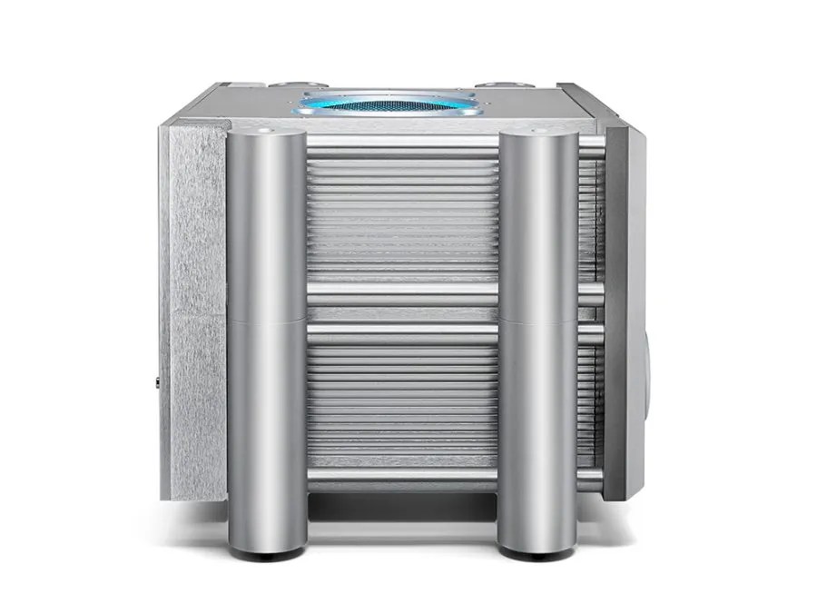 The ULTIMA PRE in profile, showing the double-height finned casework standing on two Integra pillars, with the lit vent visible on top