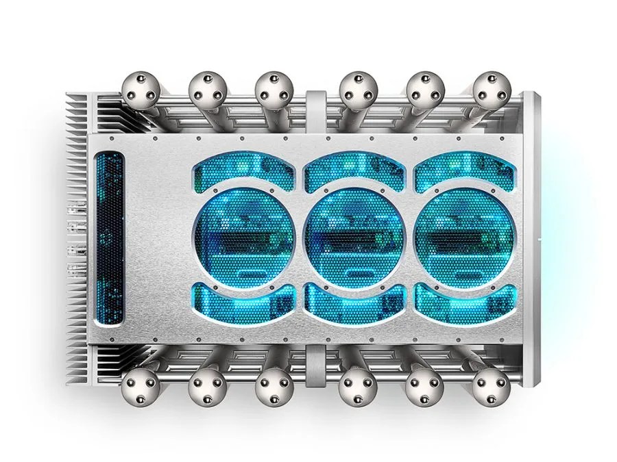 The ULTIMA from directly above: three blue-lit circular vents over the electronics, framed by twelve polished ball-topped Integra legs