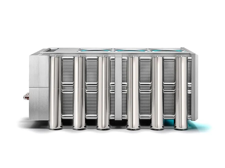 The ULTIMA in profile: twelve polished cylindrical Integra pillars standing against the finned heatsink flank, with the lit vents visible on top