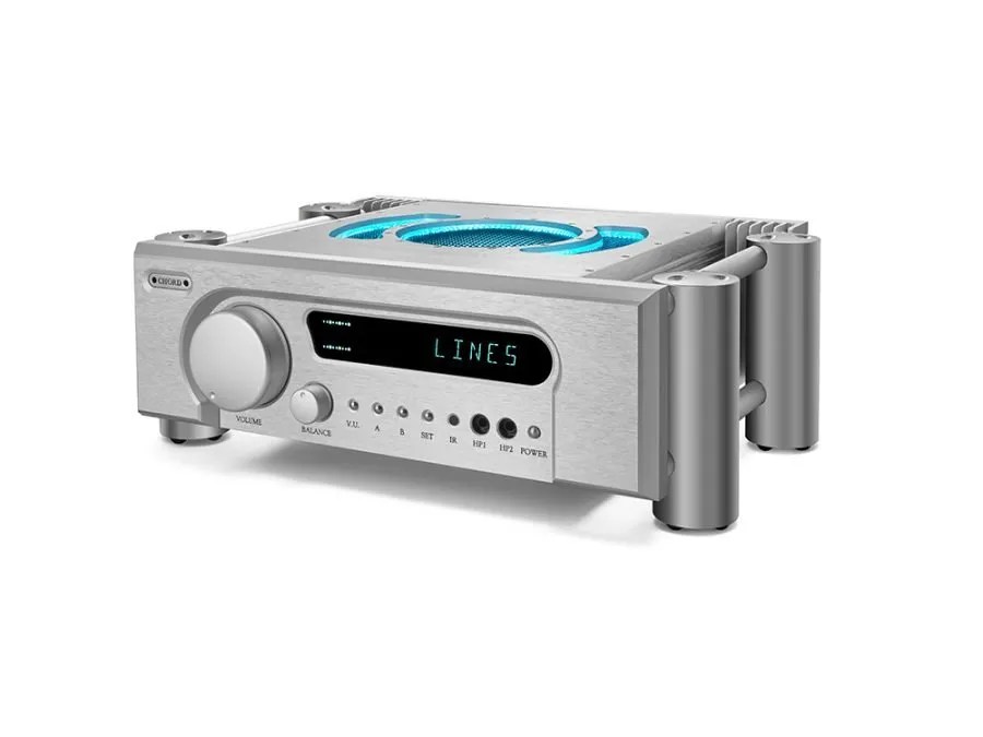 The silver ULTIMA PRE 2 in three-quarter view: the volume and balance knobs, the green LINES display and its row of buttons, the CHORD badge and the Integra pillars, with the blue-lit vent on top