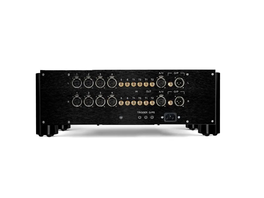 Rear of the black ULTIMA PRE 2: four XLR and four RCA inputs for each channel, the A/V and stereo XLR and RCA outputs, three trigger outputs and the IEC inlet