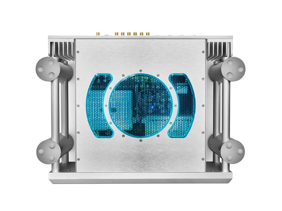The silver ULTIMA PRE 2 from above: the blue-lit circle and arc vent pattern, the four ball-topped Integra legs and the gold connectors along the rear edge