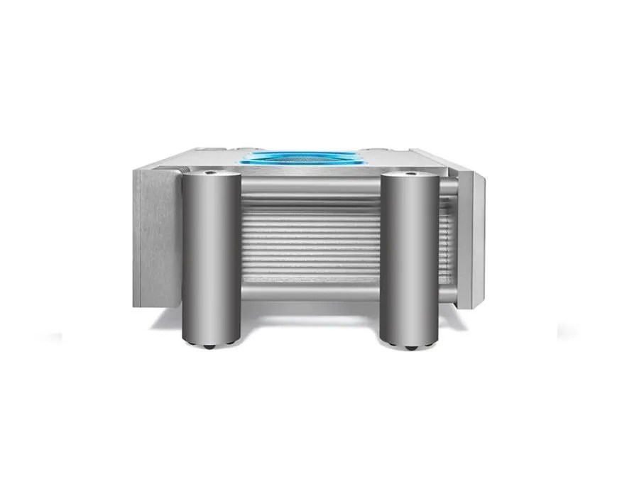 The ULTIMA PRE 2 in profile: the finned casework on two cylindrical Integra pillars, with the lit vent glowing on the top panel