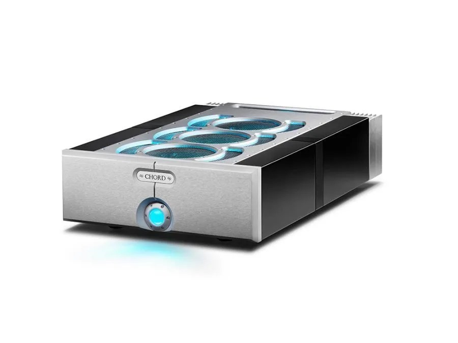 The ULTIMA 2 in three-quarter view: silver fascia with the CHORD badge and cyan power sphere, gloss black acrylic side blocks and three blue-lit vents on the top panel