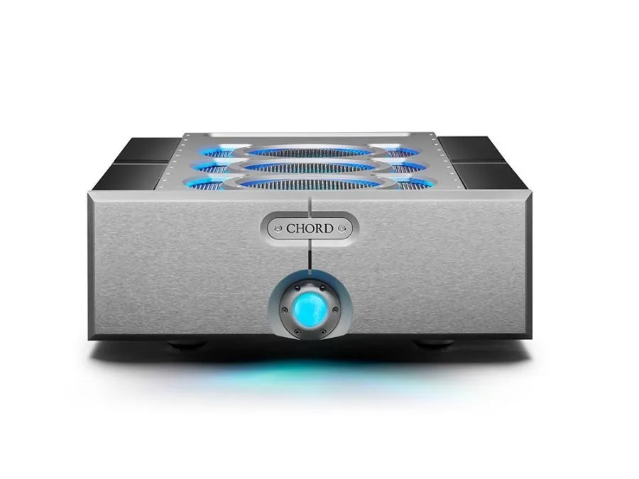 The silver ULTIMA 2 head-on: the 28 mm fascia with the CHORD badge and the recessed cyan power sphere, the three lit vent ovals above and the blue underglow below