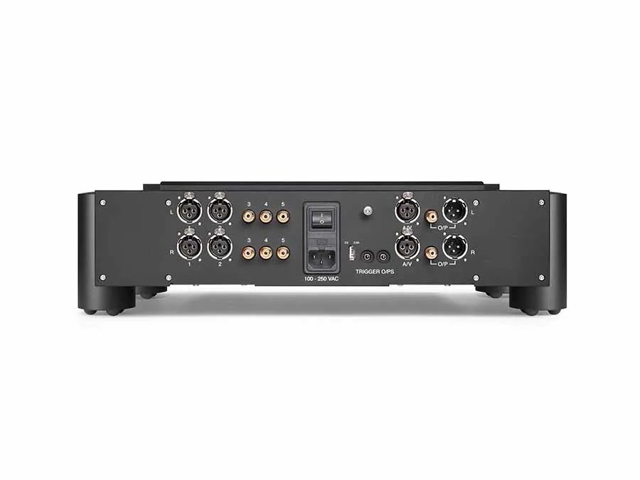 Rear of the black ULTIMA PRE 3: two balanced XLR and three unbalanced RCA inputs per channel, the A/V and stereo XLR and RCA outputs, the USB charging port, trigger outputs, mains switch and IEC inlet