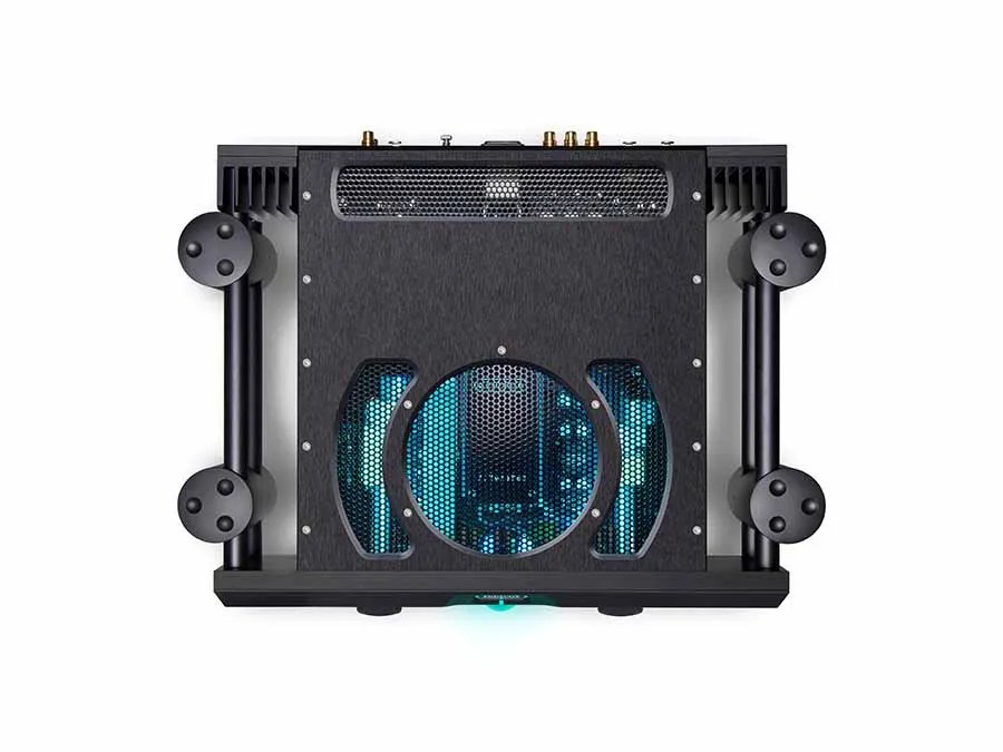The black ULTIMA PRE 3 from above: the blue-lit circle and arc vent pattern over the electronics, framed by the four ball-topped Integra legs
