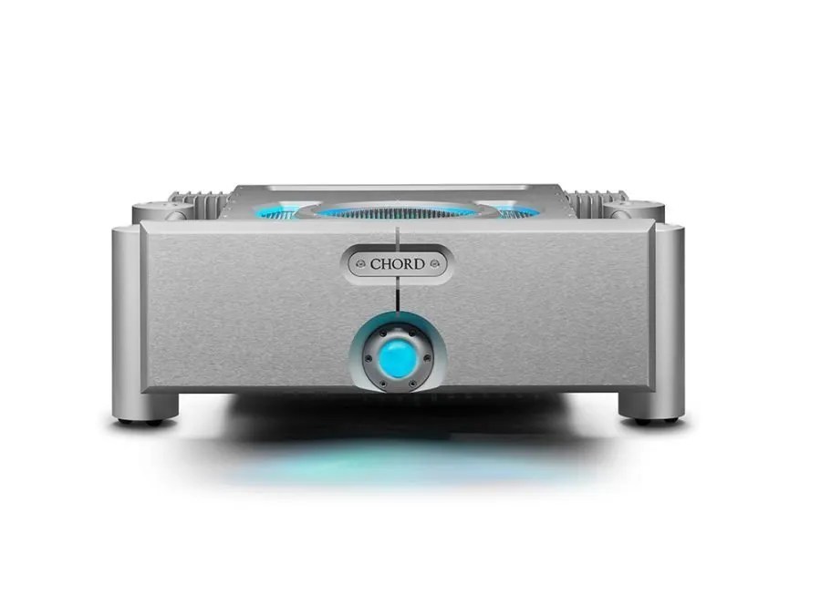 The silver ULTIMA 3 head-on: the 28 mm fascia with the CHORD badge and the recessed cyan power sphere, the lit vent ovals above and the blue underglow below