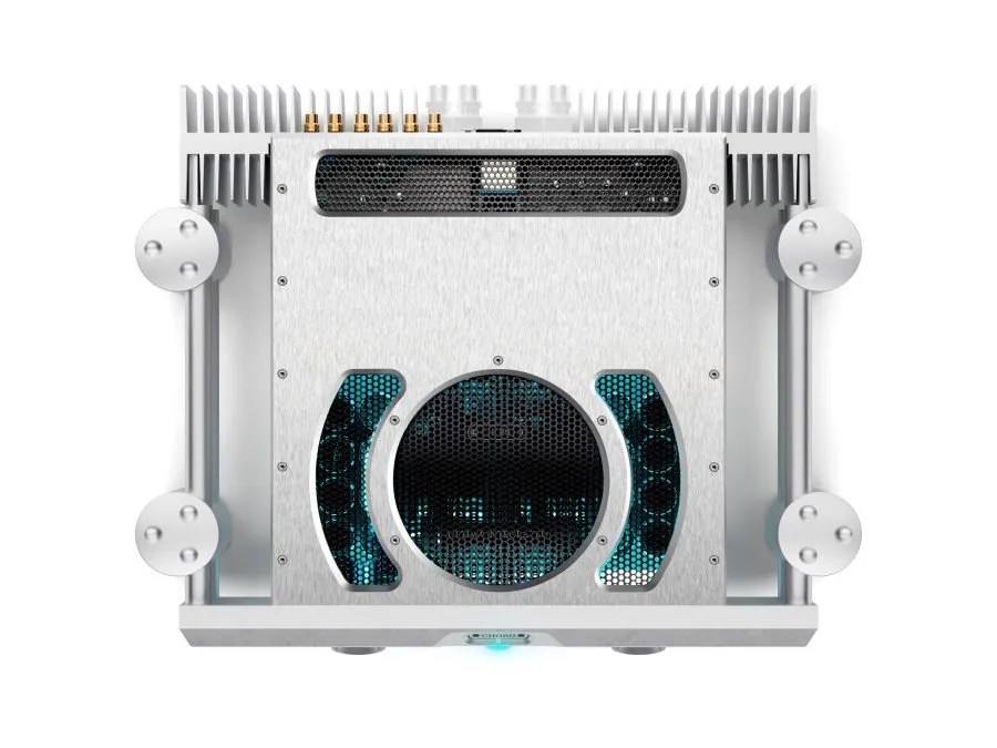 The ULTIMA INTEGRATED from above: the large circular vent flanked by two lit arcs over the electronics, the mesh grille at the rear and the four ball-topped Integra legs