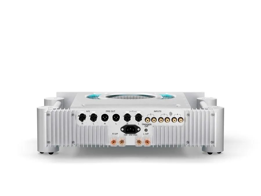 Rear of the silver ULTIMA INTEGRATED: the A/V and PRE OUT connections, the balanced XLR input and three RCA inputs, trigger output, IEC inlet and the left and right loudspeaker binding posts